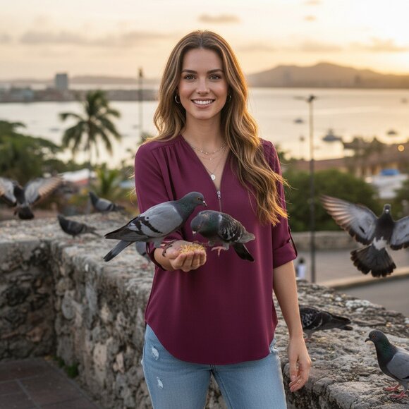 🆕️Ultra-Chic Purple V-Neck Blouse with Zip Detail & Roll-Up Sleeves Trendy 2XL - Picture 4 of 13